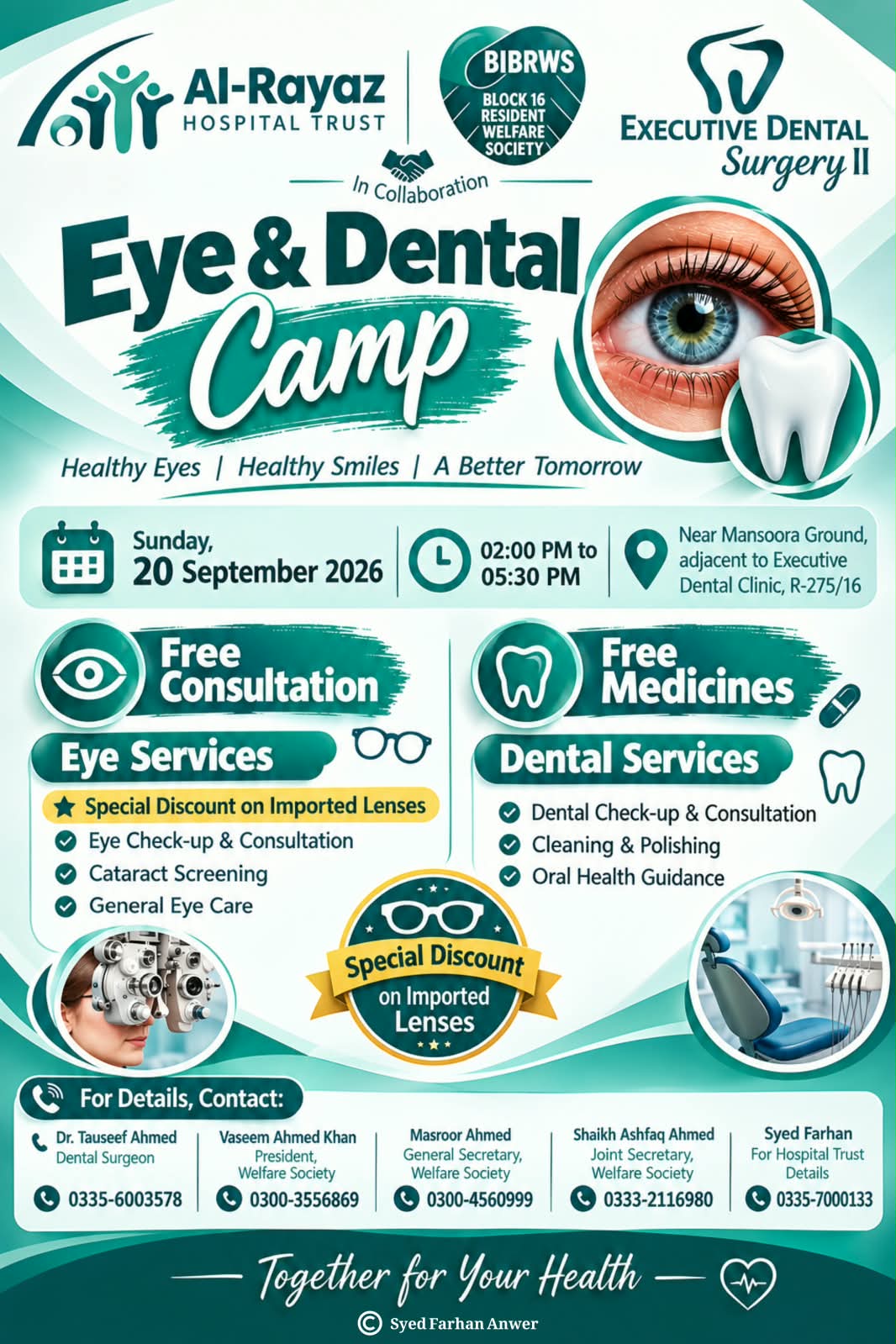 Free Eye and Dental Camp poster: Sunday 20 September 2026, 2:00 PM to 5:30 PM, near Mansoora Ground, R-275/16